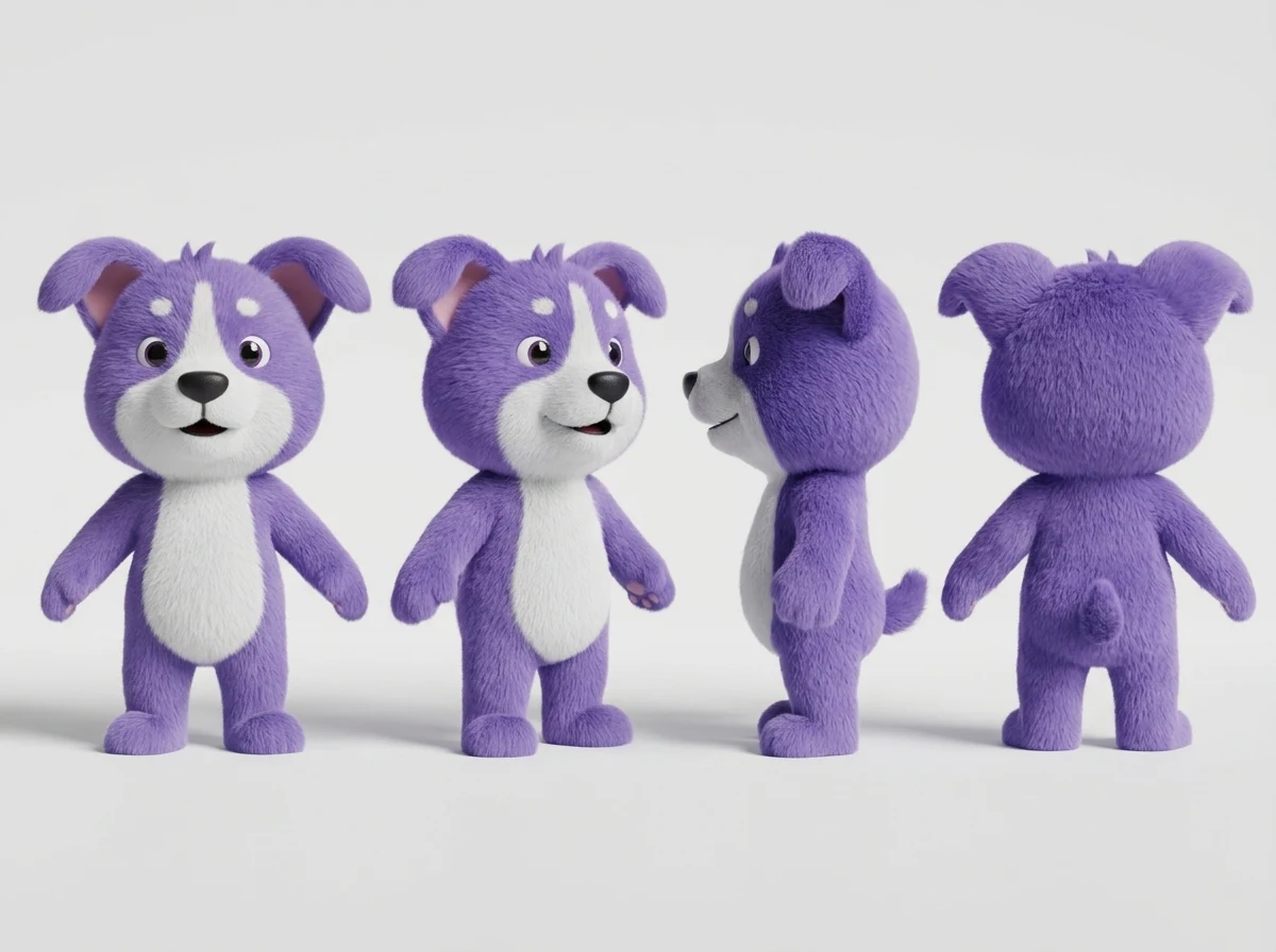 Mascota de TOLVI en cuatro ángulos: frente, tres cuartos, perfil y espalda